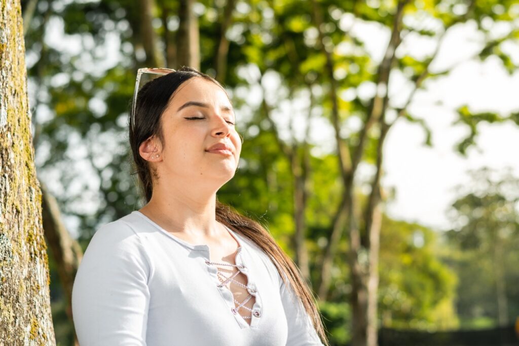 Woman practicing mindfullness for depression.